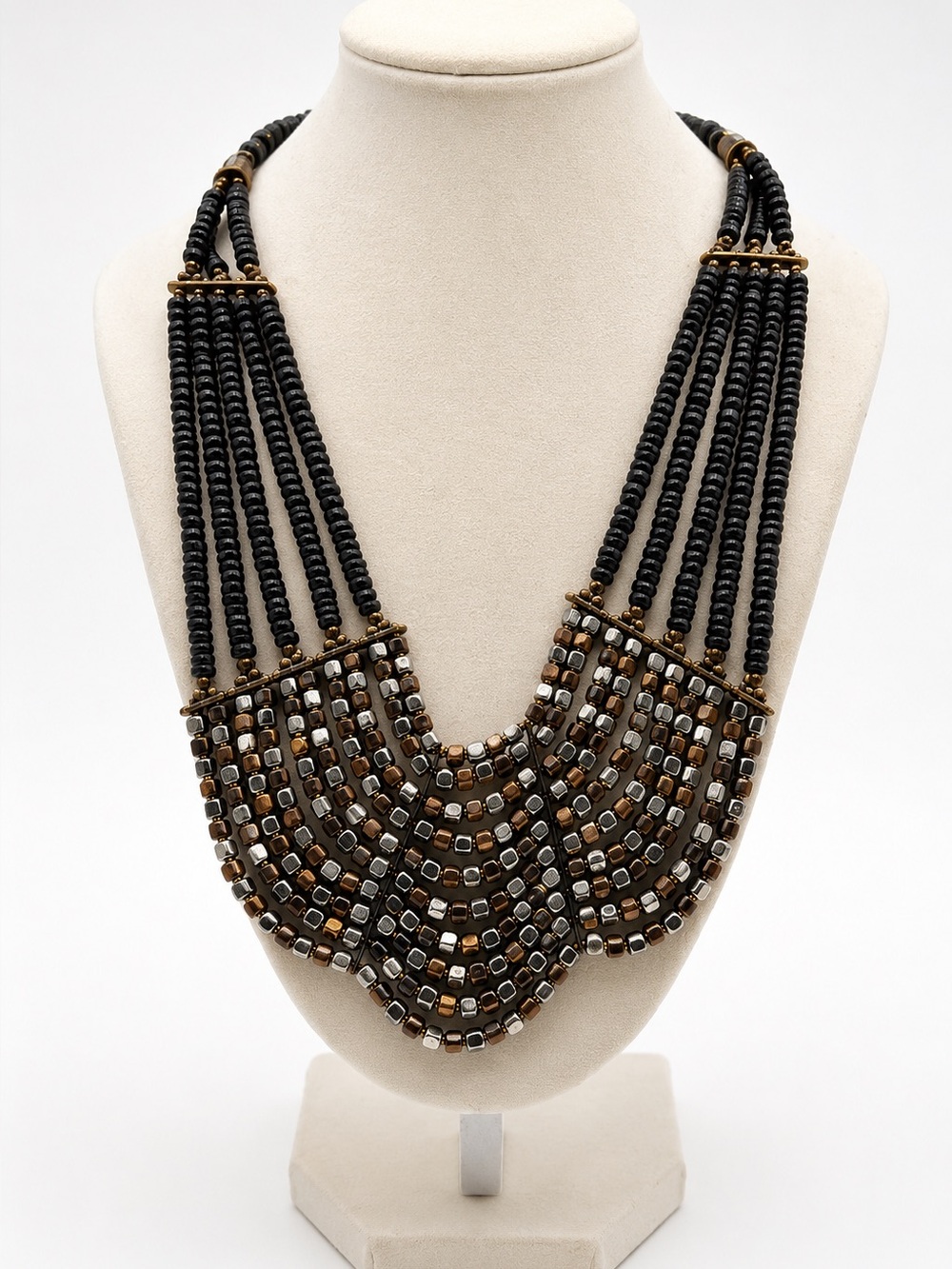 Layered Black Beaded Necklace with Gold Accents